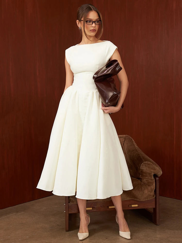 White Backless A-line Sexy Maxi Dress For Women Gown Solid Hollow Out Sleeveless High Waist Club Pleated Dress Elegant