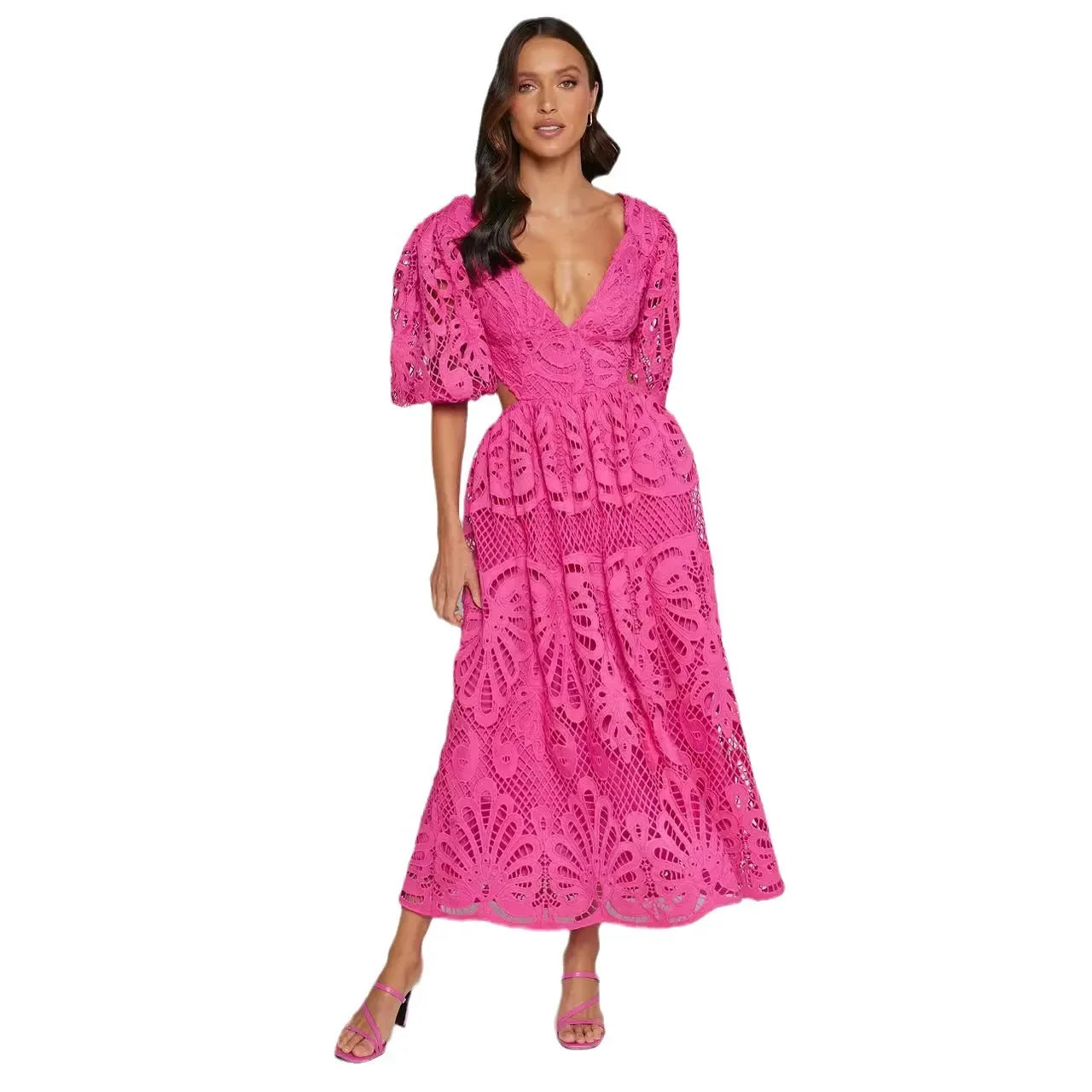 Sexy Hollow Out Long Dress Summer New Arrival V-neck Lace Embroidery Women's Clothing