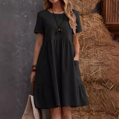 Summer European and American  Station Retro Loose Pocket Solid Color Crewneck Women's Cotton and Linen dress