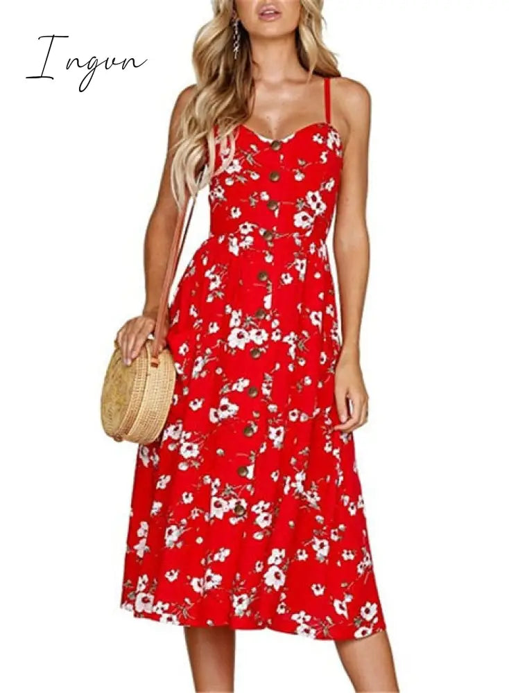 Ingvn - Boho Sexy Floral Dress Summer Vintage Casual Sundress Female Beach Dress Midi Button Backless Polka Dot Striped Women Dress
