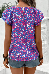 Ingvn - Printed Round Neck Flutter Sleeve Blouse