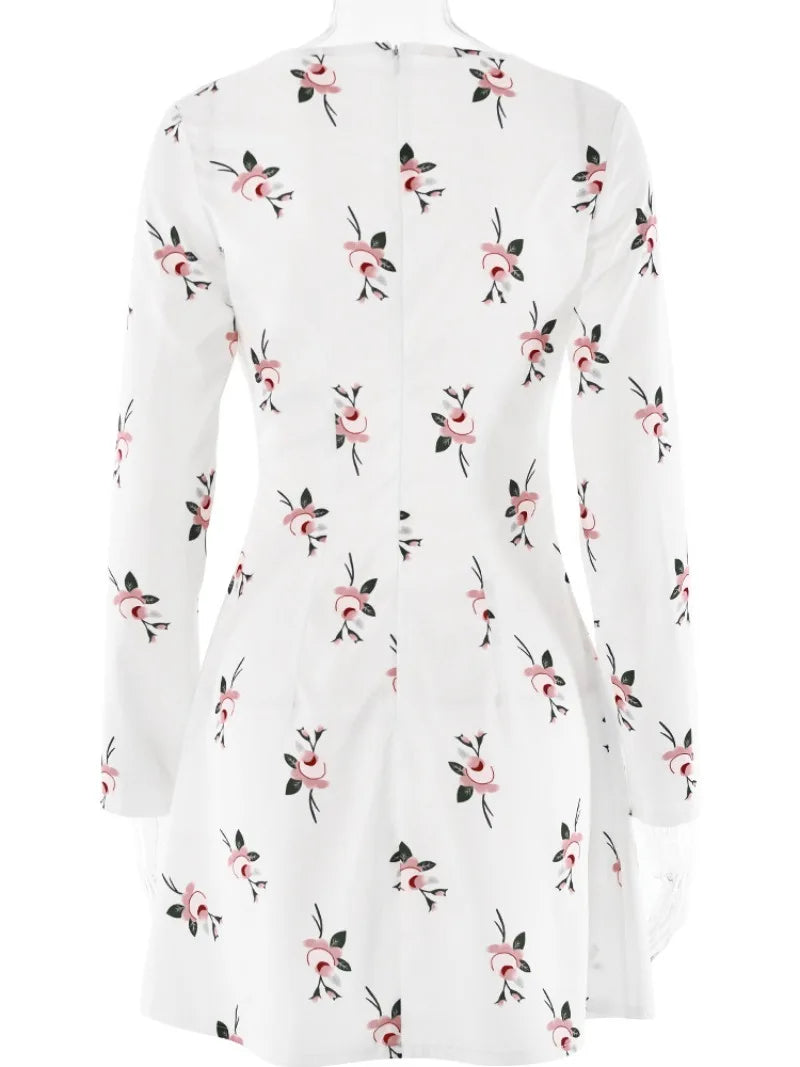 Ingvn  Fall Vintage Floral Print Short Dress Streetwear Office Lady V-neck Long Sleeve Tunics A-line Satin White Holiday Dresses