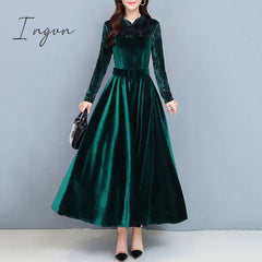 Ingvn - High Quality Fashion Vintage Velvet Dress Winter Dresses Women Long Sleeve Evening Party Dress For Middle Age Mom Vestidos