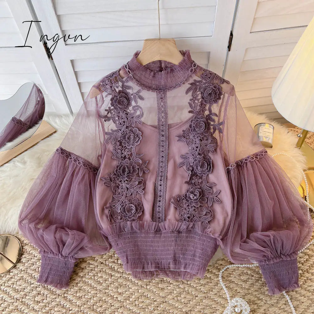 Ingvn - spring Women Mesh Tops Fashion Sexy Sheer Lace Blouse Lantern Sleeve 3D Floral Blouses Shirts Elegant Top Blusas Femininas