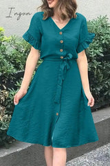 Ingvn - Casual Simplicity Solid Frenulum Buckle Flounce V Neck A Line Dresses