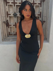 Elegant Deep V Neck Front Gold Clasp Sexy Maxi Dress For Women Black Gown Sleeveless Slim Fit Long Tank Dress Elegant