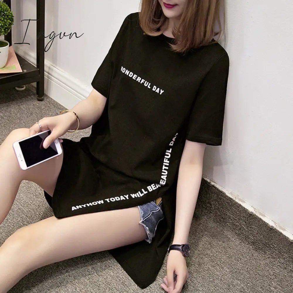 Ingvn - Fashion Trends Plus size Wonderful Day Print Long T shirts Summer Women Loose Slit Femme Tops Cotton Tshirt Short sleeve Ladies t-shirt