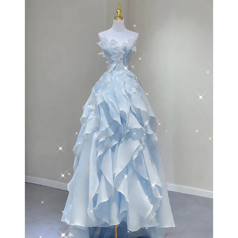 Blue Evening Dress Women Luxury Elegant Ruffles Fairy Birthday Prom Gown Exquisite Sleeveless Bride Banquet High-end Host Dress