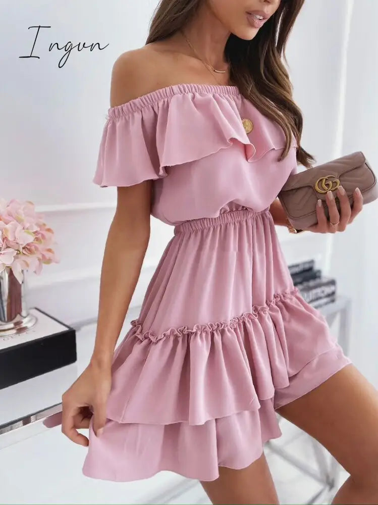Ingvn - Women Clothes Slash Neck Cascading Ruffle Shirring Dresses Solid Color Midi Sweet Princess Dress Fashion Elegant Pleated Design