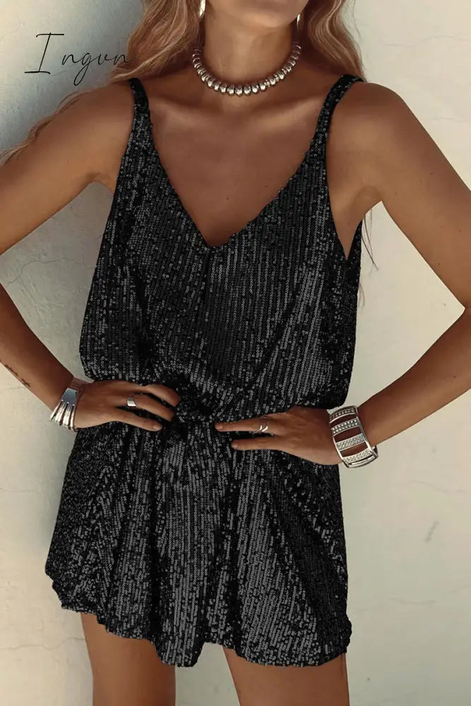 Ingvn - Sexy Solid Sequins V Neck Sling Dress Dresses