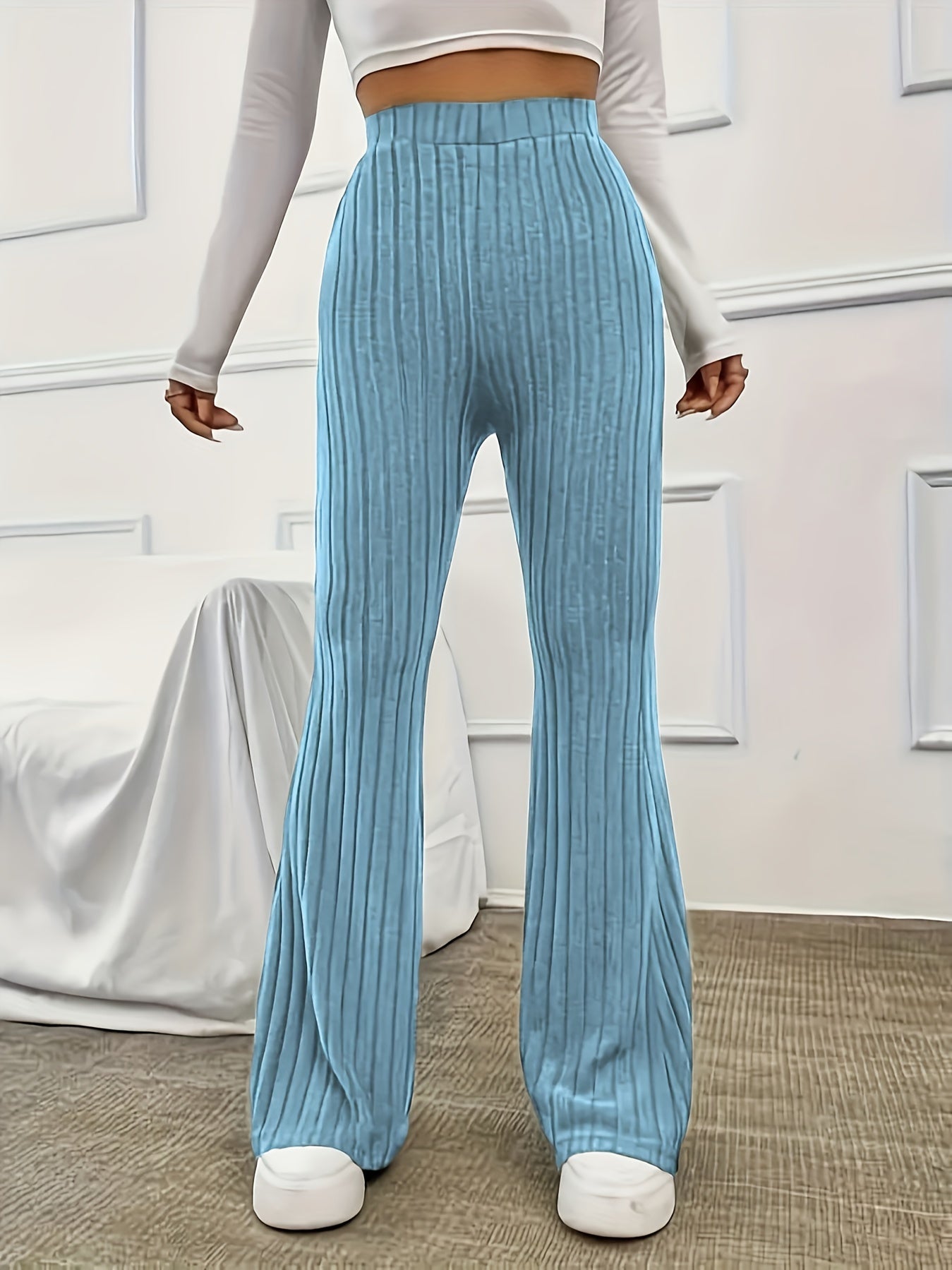 Elegant Ribbed Polyester Long Pants - High Elasticity, Solid Chic, Easy Care, Perfect for Spring & Fall