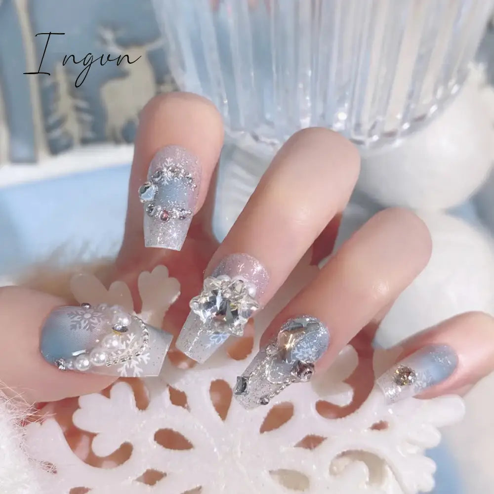Handmade Press on Nails Long Ballet Blue Fake Nails with 3D Snowflake Moon Rhinestone Design False Nails Full Cover Nail Tips