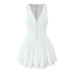 New Women Hollow Out Embroidery White Tank Dress Sleeveless V Neck Low Waist A-line Mini Dresses Summer Cotton Robe
