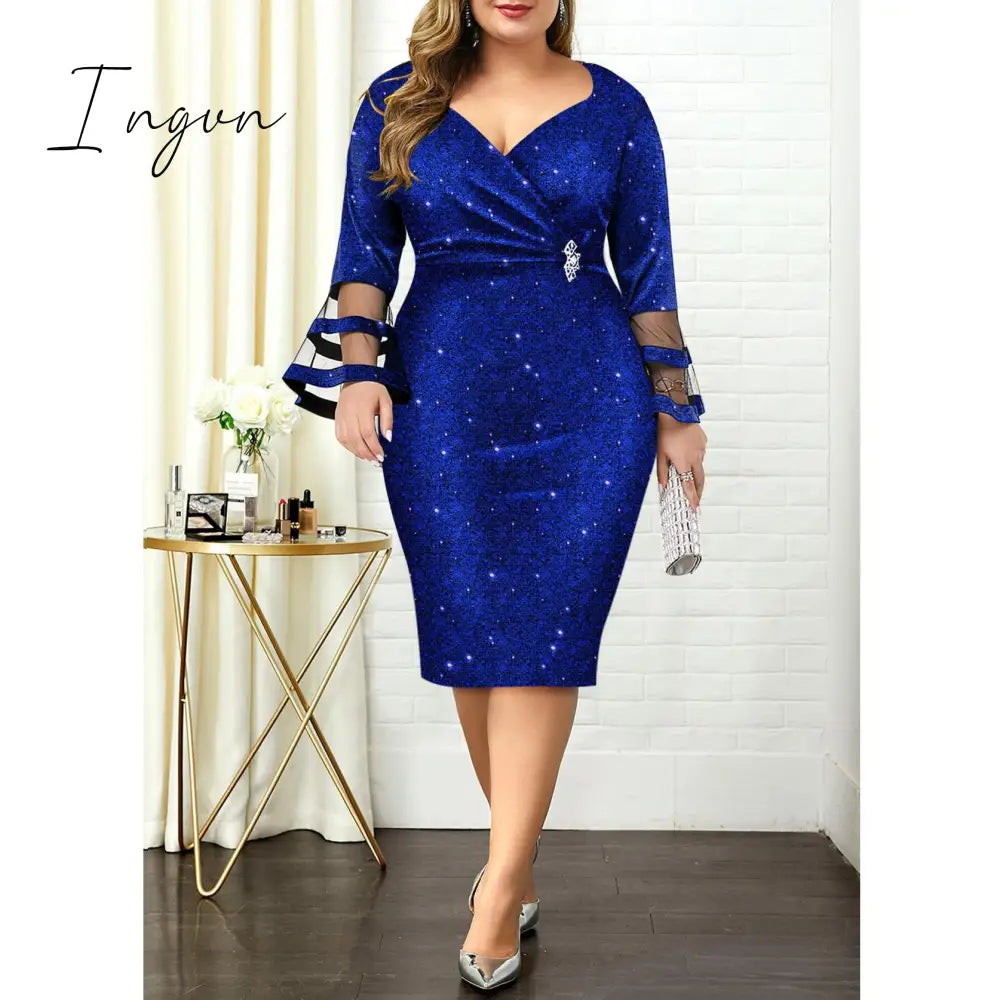 Ingvn - Plus Size Women Dresses Autumn Elegant Bright Silk Wedding Evening Birthday Party Dress V Neck Mesh Sleeve Club Outfits 8XL