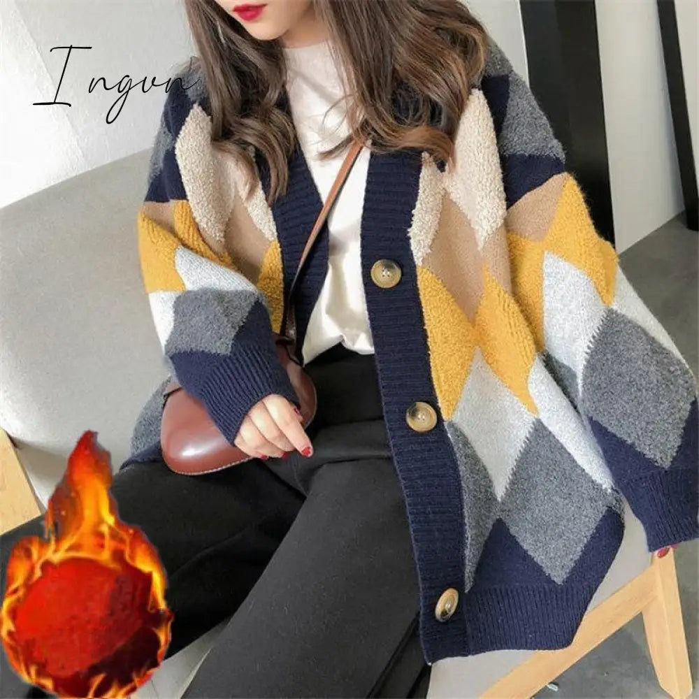 Ingvn - Womens Fashion Spring Winter Women's Plaid Plus Velvet Warm Knitted Sweaters Cardigans Long Sleeve Checkered Coat Oversize Sweater Jackets