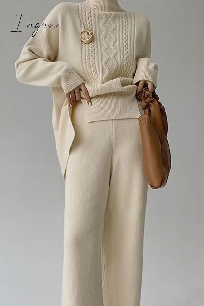 Ingvn - Casual Solid Slit Turtleneck Long Sleeve Two Pieces