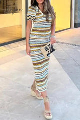 Ingvn - Celebrities Elegant Striped Contrast Weave V Neck One Step Skirt Dresses