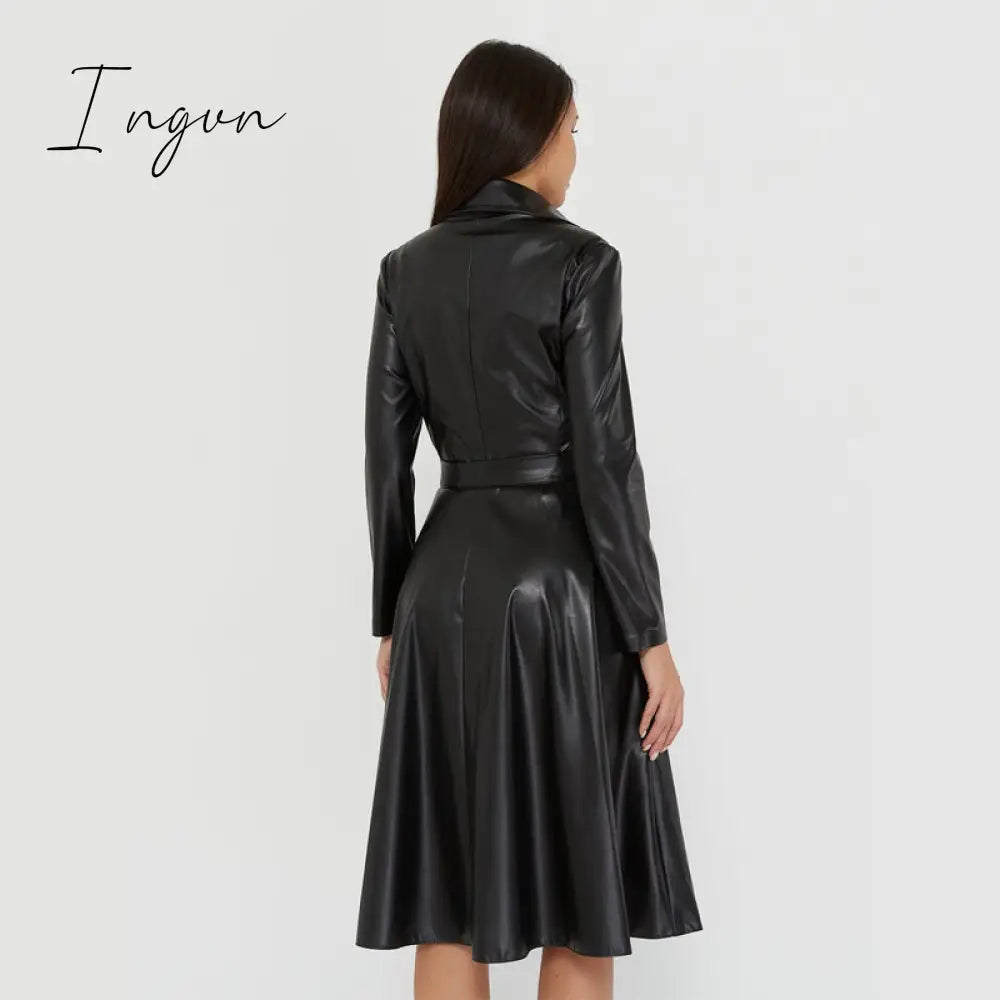 Ingvn - Winter Casual Sashes Pu Leather A-Line Dresses Women Turn-down Collar Long Sleeve Solid Color Knee Dress Office Lady Wear