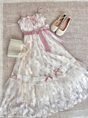 2025 Summer French Sweet Floral Sling Dress Women Bow Tie Mesh Slim Fit Dresses Korean Elegant A-Line Casual Fashion Clothing