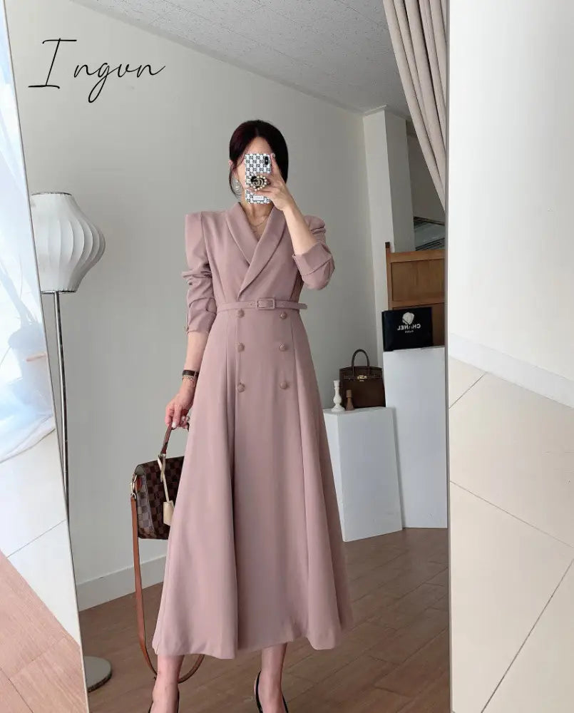 Ingvn - New French Spring Elegant Double Breasted Belted Sashes Women Suit Dress Autumn Office Long Sleeve Slim Waist Female Dress