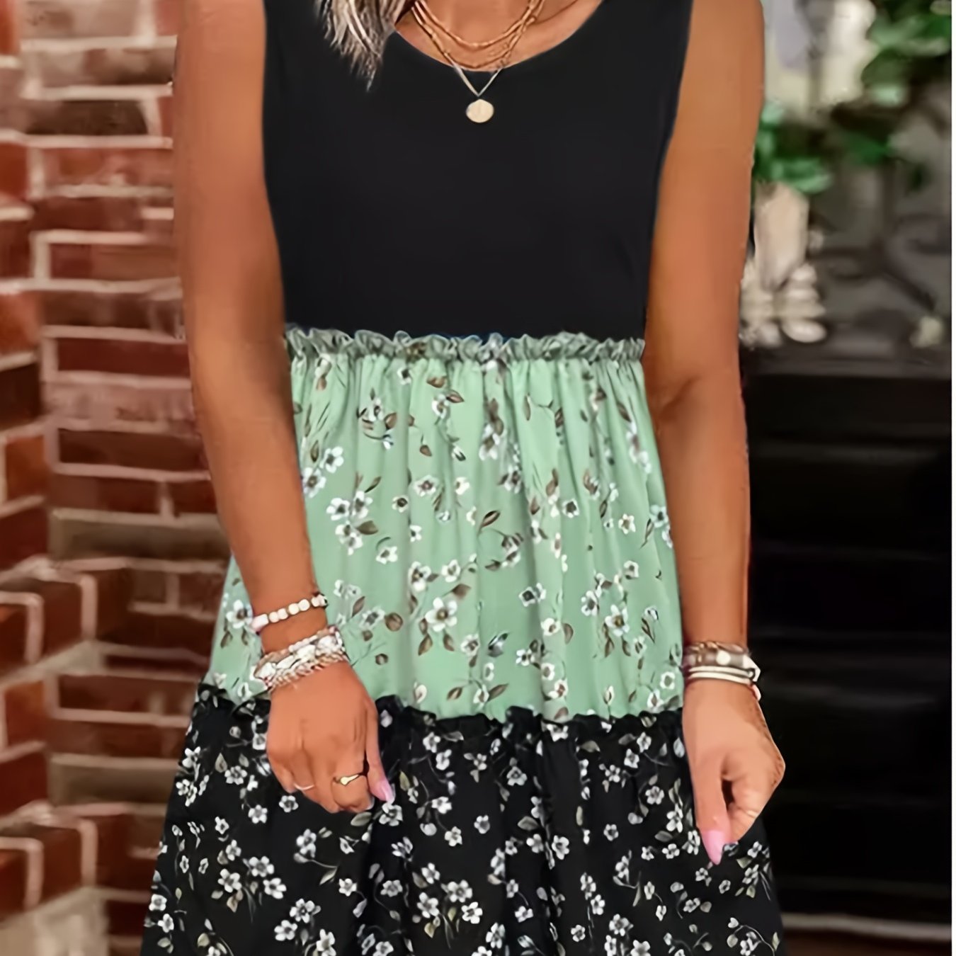 Boho Chic Floral Print Tank Dress - Color Block Crew Neck - Flowy Sleeveless for Summer - Fashionable Womens Clothing