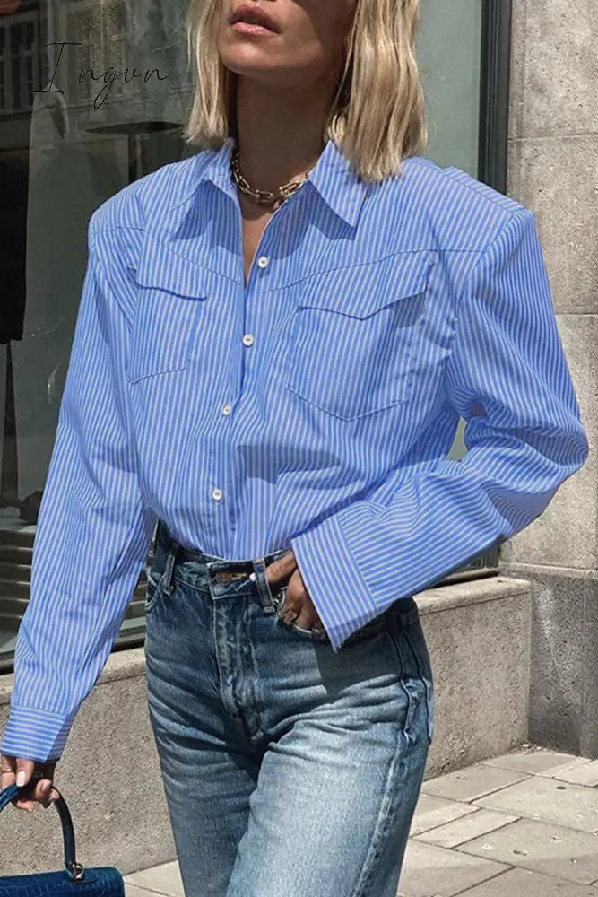 Ingvn - Casual Striped Patchwork Turndown Collar Tops