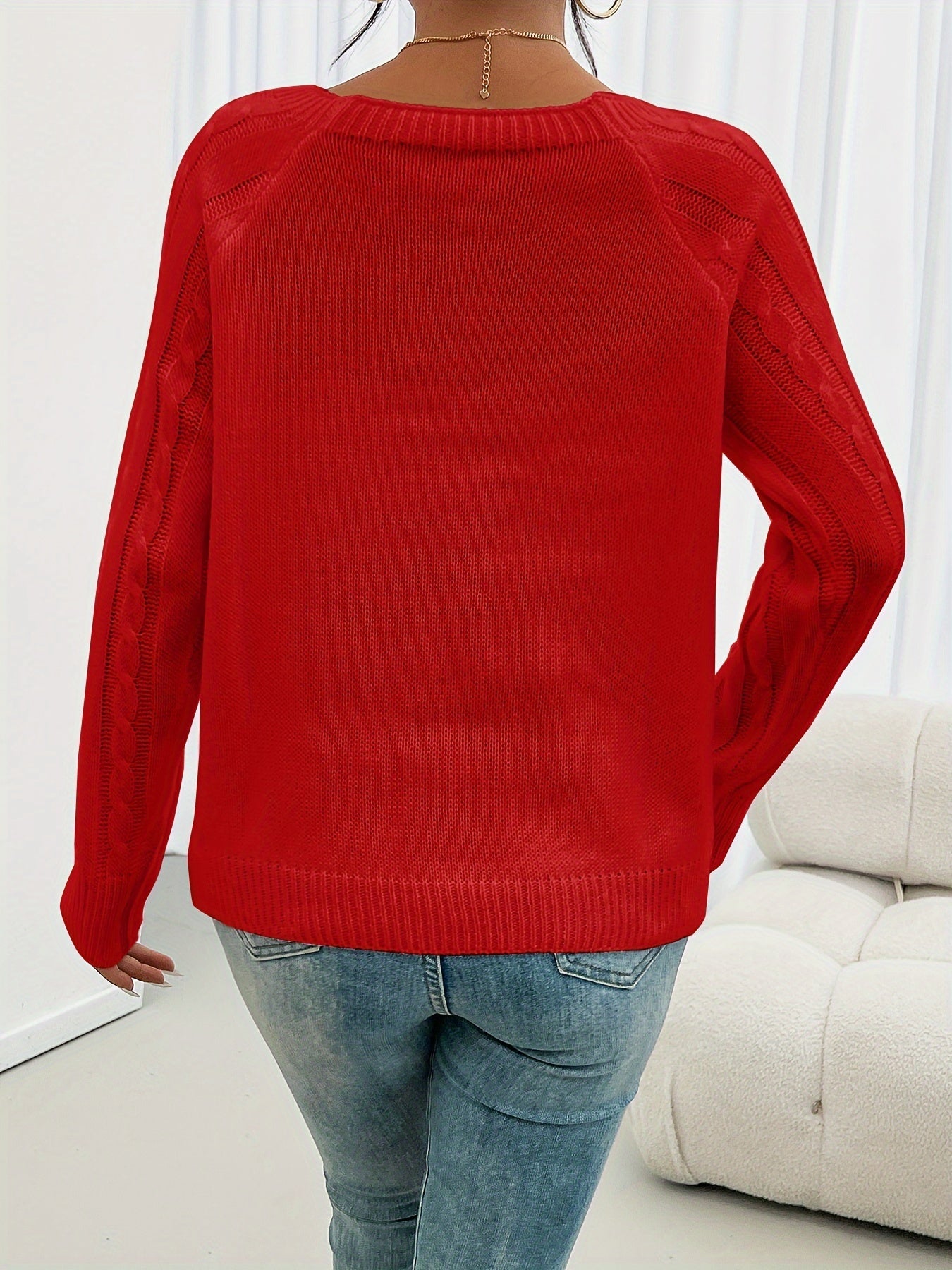 Long Sleeve Cable Knit Sweater, Casual Crew Neck Sweater, Women's Clothing