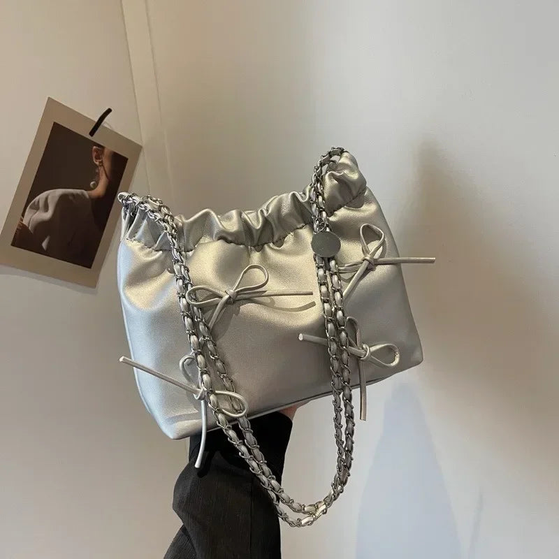 Ingvn  New Cute Small Bow Tie Design Crossbody Bags for Women Y2K Style Silver Handbags Leather Crossbody Bag Party Purses