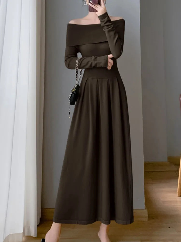 Sexy Off Shoulder Evening Dress for Women Solid Long Sleeve Slim Waist Party Vestidos Mujer Elegant One Piece Prom Robes Femme