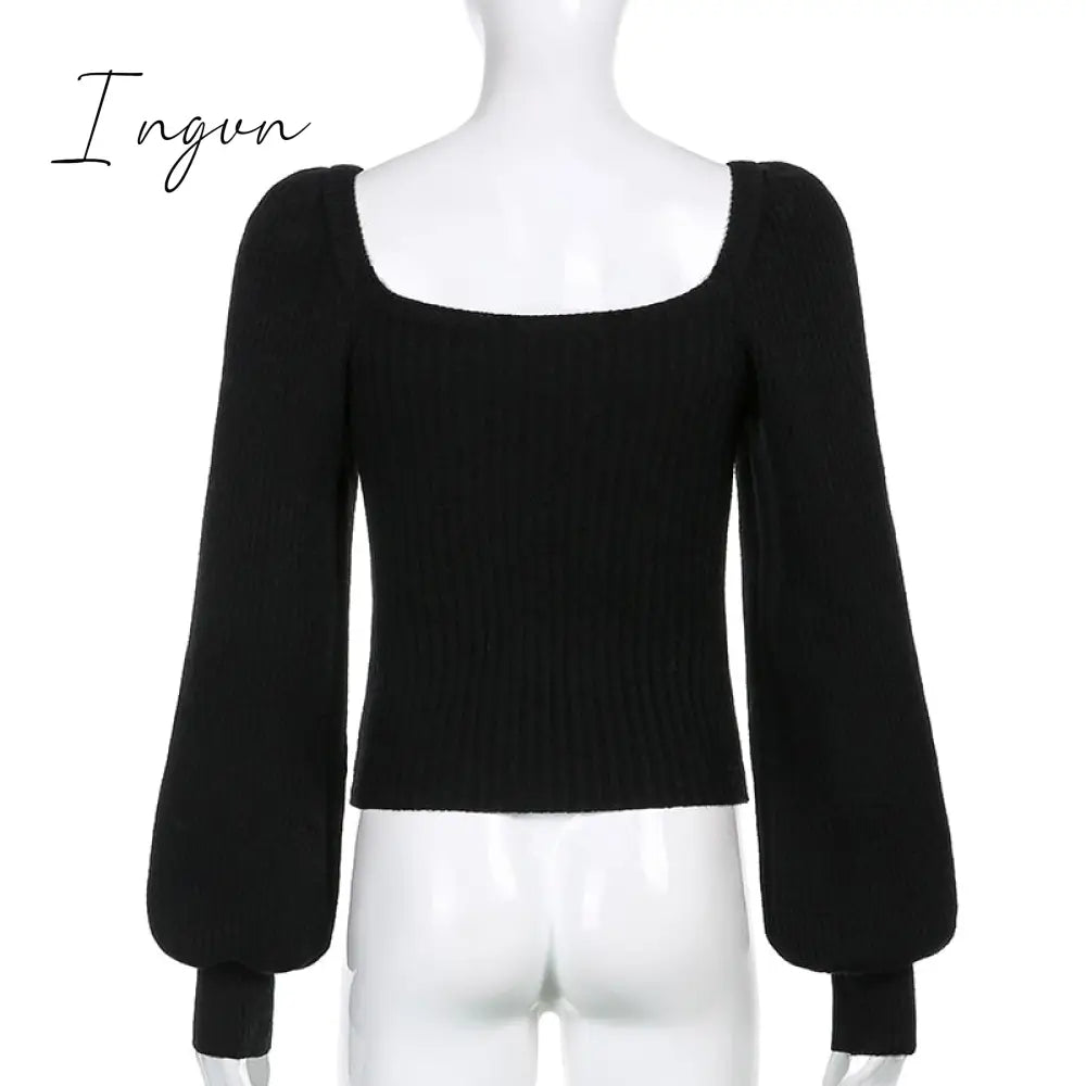 Ingvn - Knitted Women's Sweater Vintage Pullover Long Puff Sleeve Pink Square Neck Top Korean Fashion Style Autumn Winter Clothing