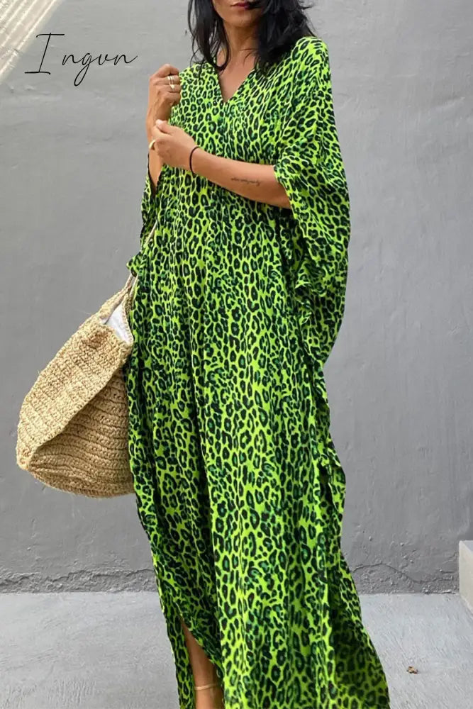 Ingvn - Vintage Vacation Print Leopard Slit Swimwears Cover Up