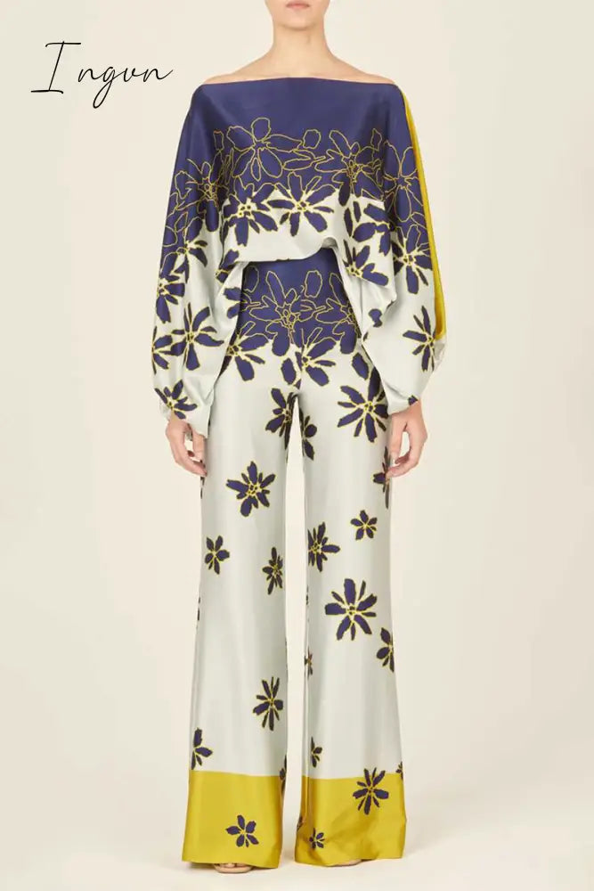 Ingvn - Casual Elegant Print Patchwork Off the Shoulder Long Sleeve Two Pieces(13 Colors)
