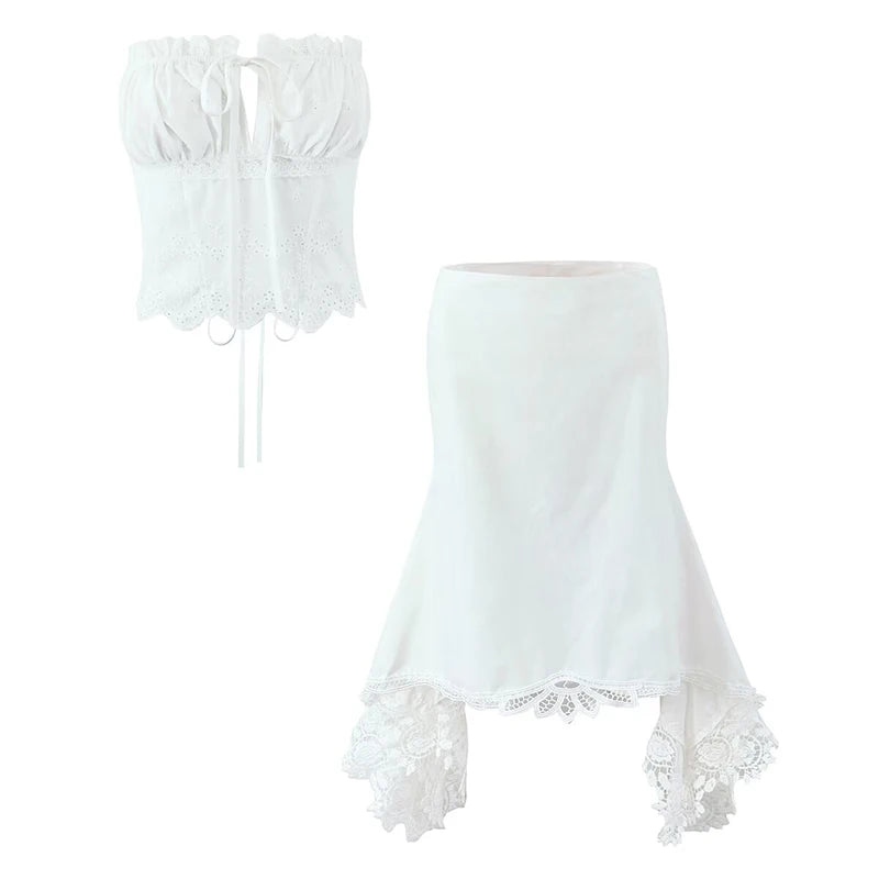 Women Hollow Out Embroidery White Strapless Top Sexy Backless Lacing Up Back Holiday Summer Crop Top Cotton