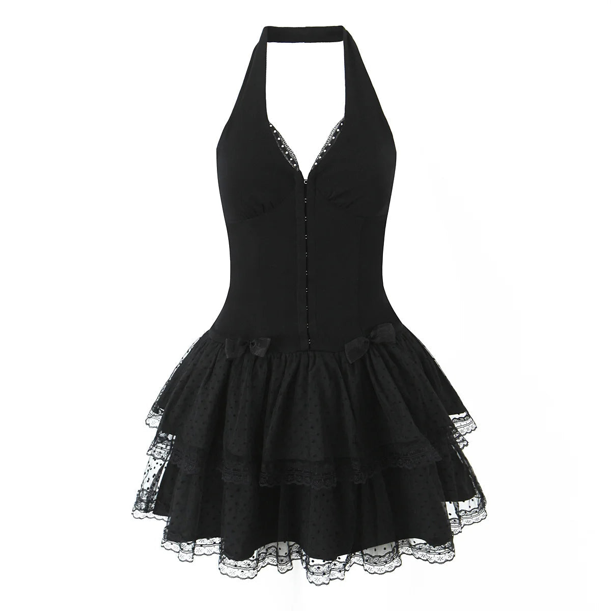 French Style Retro Spicy Girl Halter Mini Black Dress Women Fashion Backless Lace Spliced Bow Sexy Dresses Summer Robe