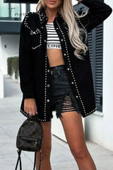 Ingvn - Casual Punk Solid Rivets Turndown Collar Long Sleeve Loose Denim Jacket