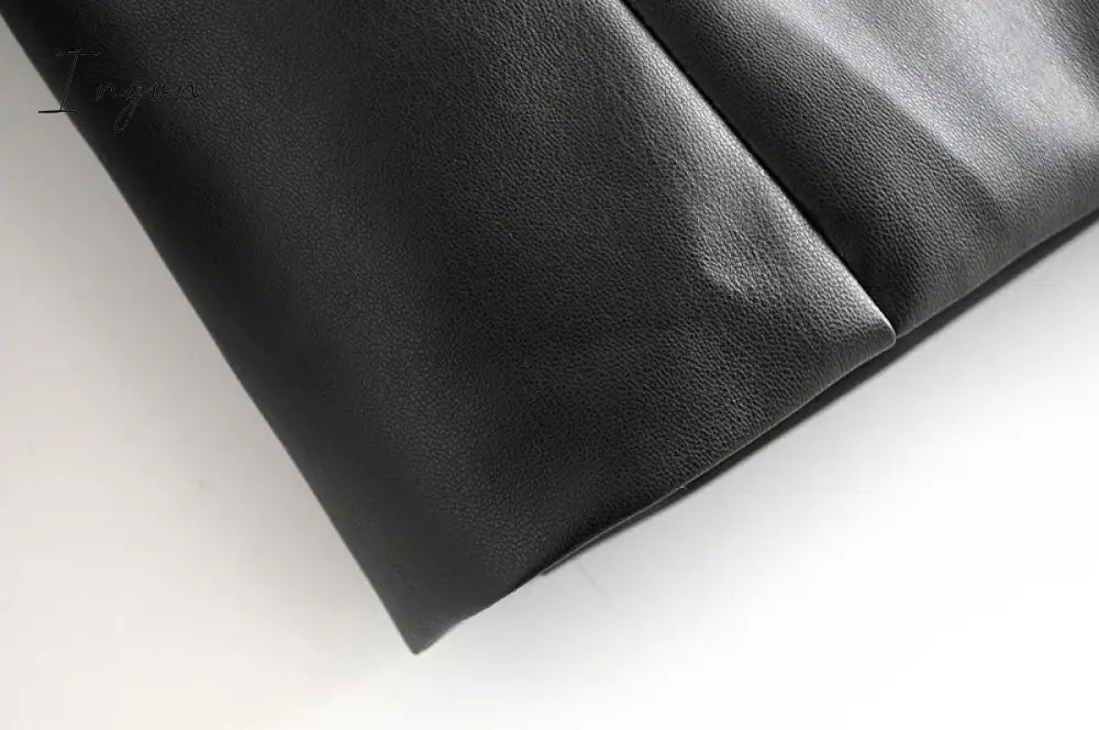 Ingvn - Women Fashion Faux Leather Pockets Loose Blazer Coat Vintage Long Sleeve Back Vents Female Outerwear Chic Tops