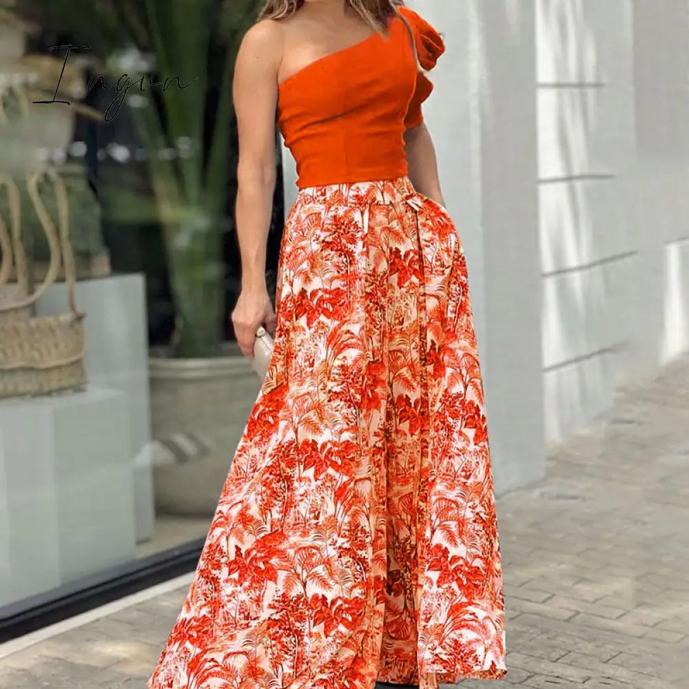 Ingvn - 2023 Fashion Summer Autumn Two Piece Sets Womens Fashion Sexy Mid Sleeve Shirt Elgant Floral Print Wide Leg Pant Suit Casual 2pcs Set Women