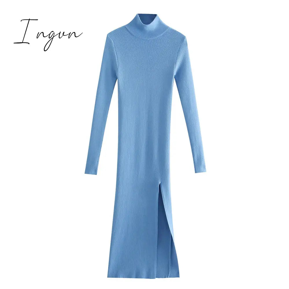 Ingvn - Dress Women Long Sleeves High-Neck Elastic Midi Dress Fashion Elegant Chic Lady Knit Sweater Dresses Women robe femme