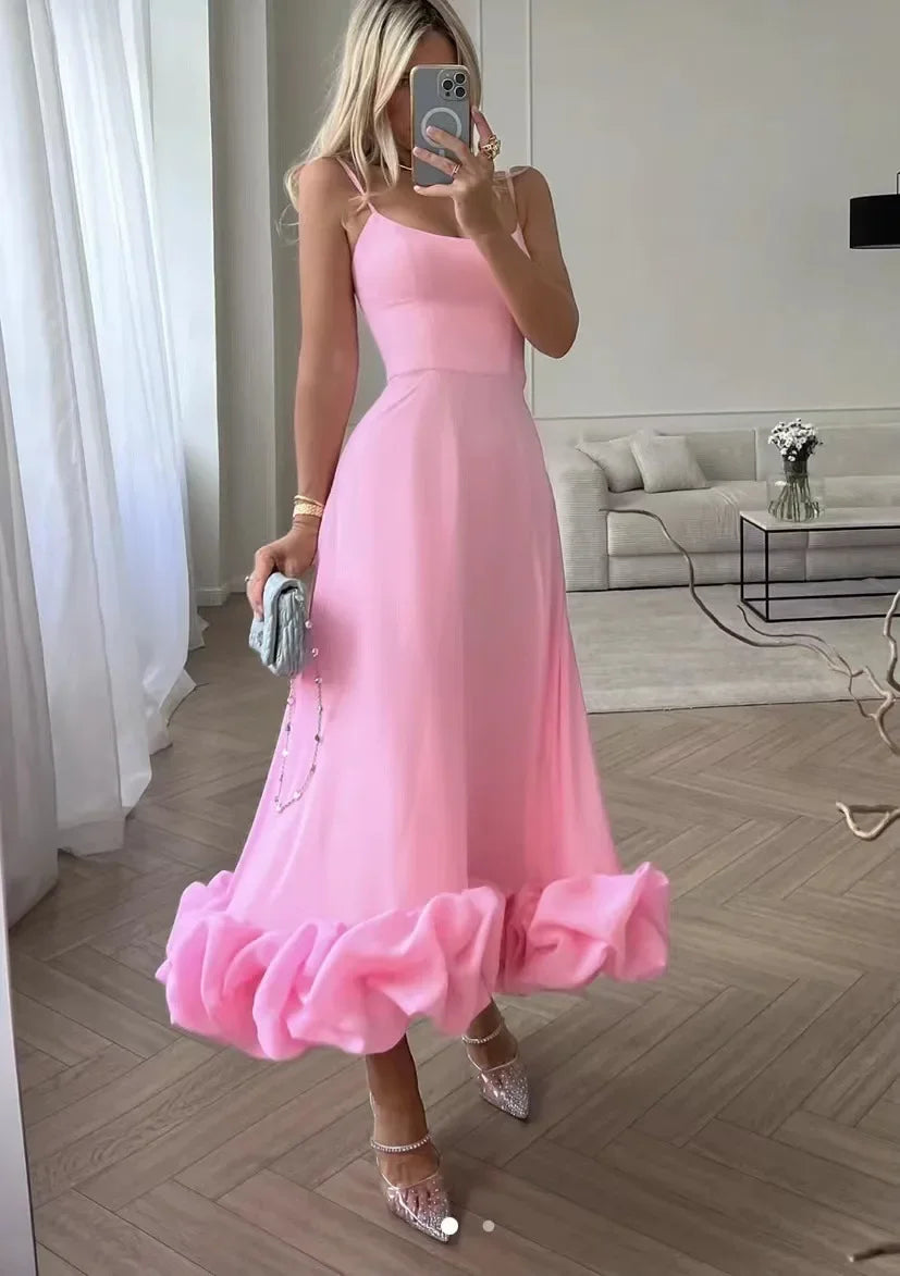 Ingvn  Elegant Party Evening Maxi Dresses for Women Spaghetti Strap Backless Sexy Long Summer Dress Ruffles Aline Dress