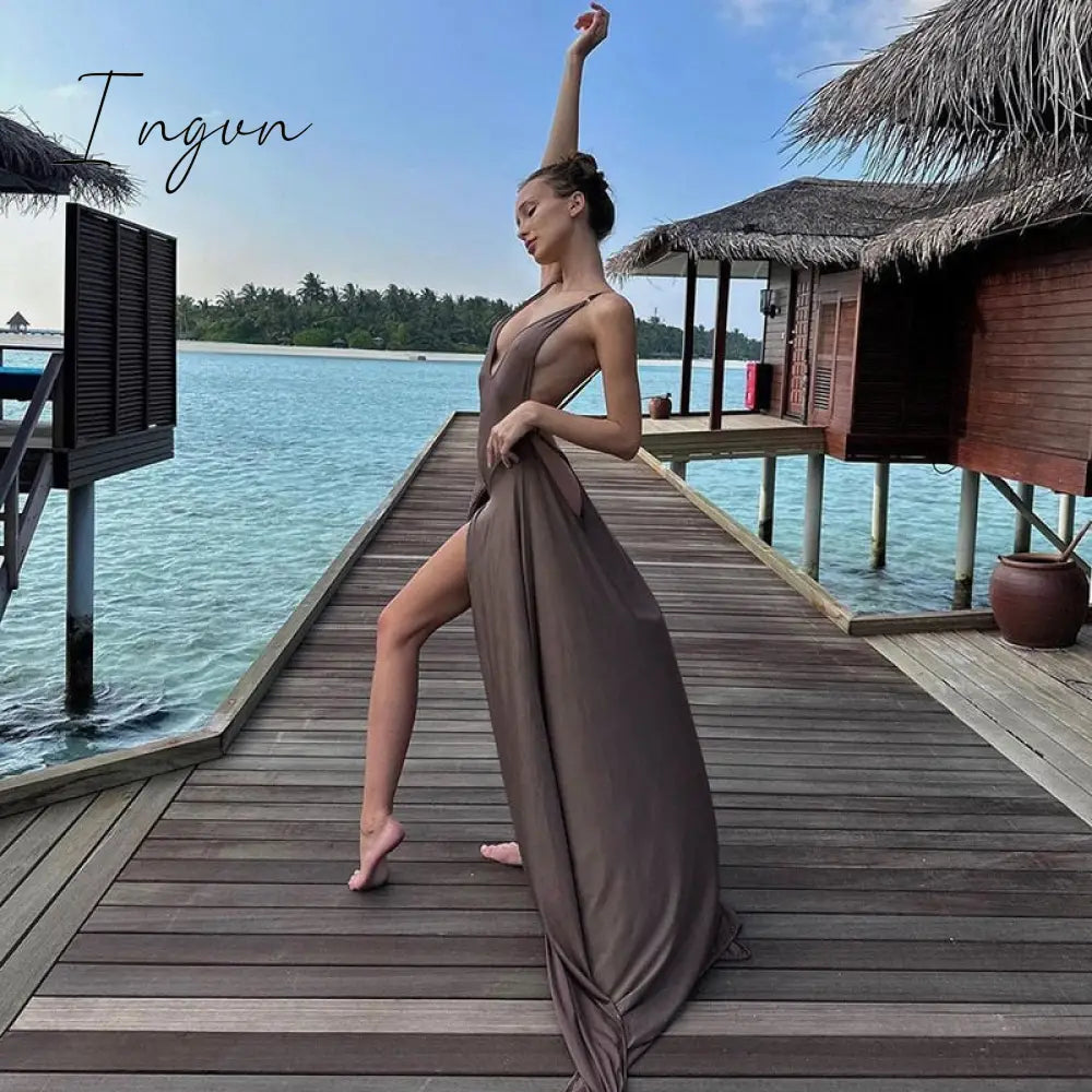 Ingvn - 2023 Summer Women Dress Bandage Sexy Backless Maxi Dresses Club Holiday Bodycon Cut Out Sleeveless Elegant Long Dress Women Robe