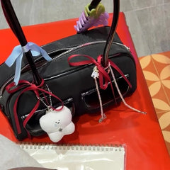 INGVN  Korean Fashion Women Shoulder Bag Pure Black Pu Leather Bowling Handbag Casual Luxury Vintage 2024 New Boston Tote Bag