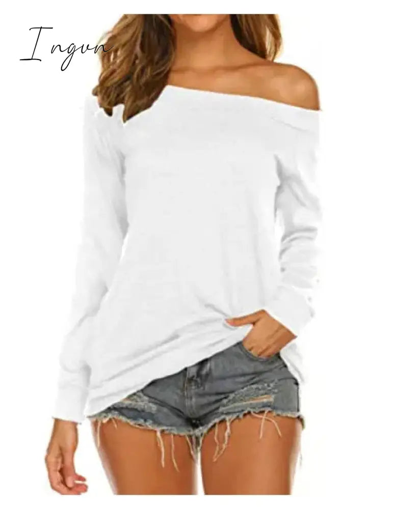 Ingvn - Stylish Off Shoulder Solid Color Long Sleeve Tops