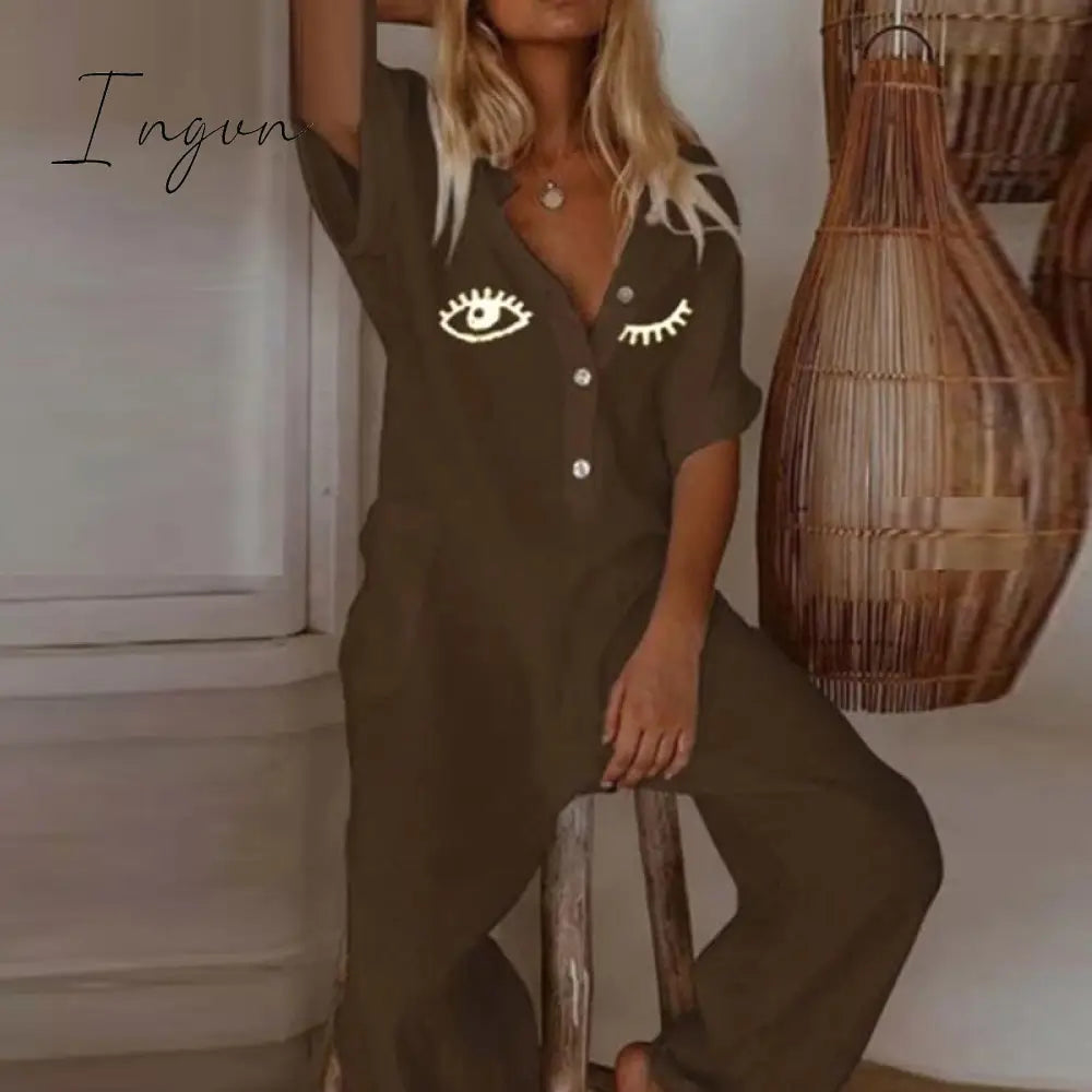 Ingvn - Summer Short Sleeve Eyelash Print Jumpsuit Casual Women Cotton Linen Playsuits V Neck Button Loose Overalls Romper Bodysuit