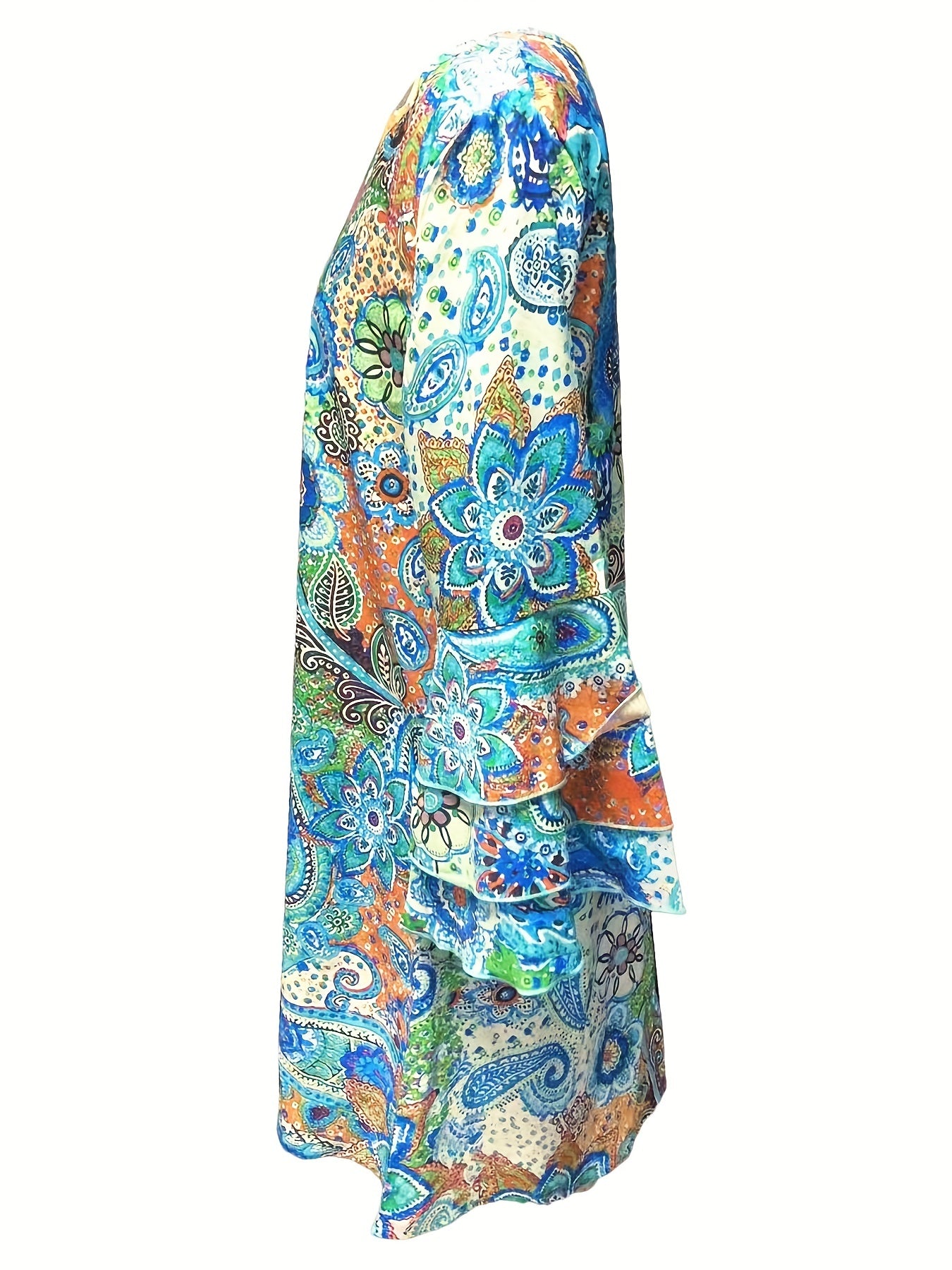 Bohemian Paisley Print Dress - Flowy Layered Skirt - Bell Sleeves - Perfect for Beach Holidays & Casual Summer Days, Womens Fashion