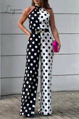 Sexy Print Polka Dot Pocket Contrast Halter Loose Jumpsuits(No Belt)