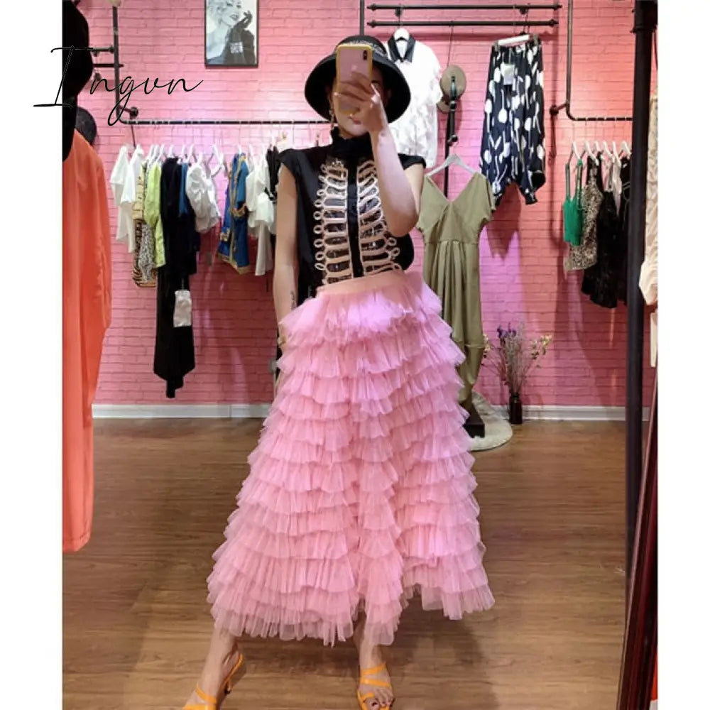 Ingvn - jupe femme Spring Party Skirt Elastic High Waist Long Tulle Skirt Women Multilayer ruffles Pink Mesh Tutu Skirt Ladies