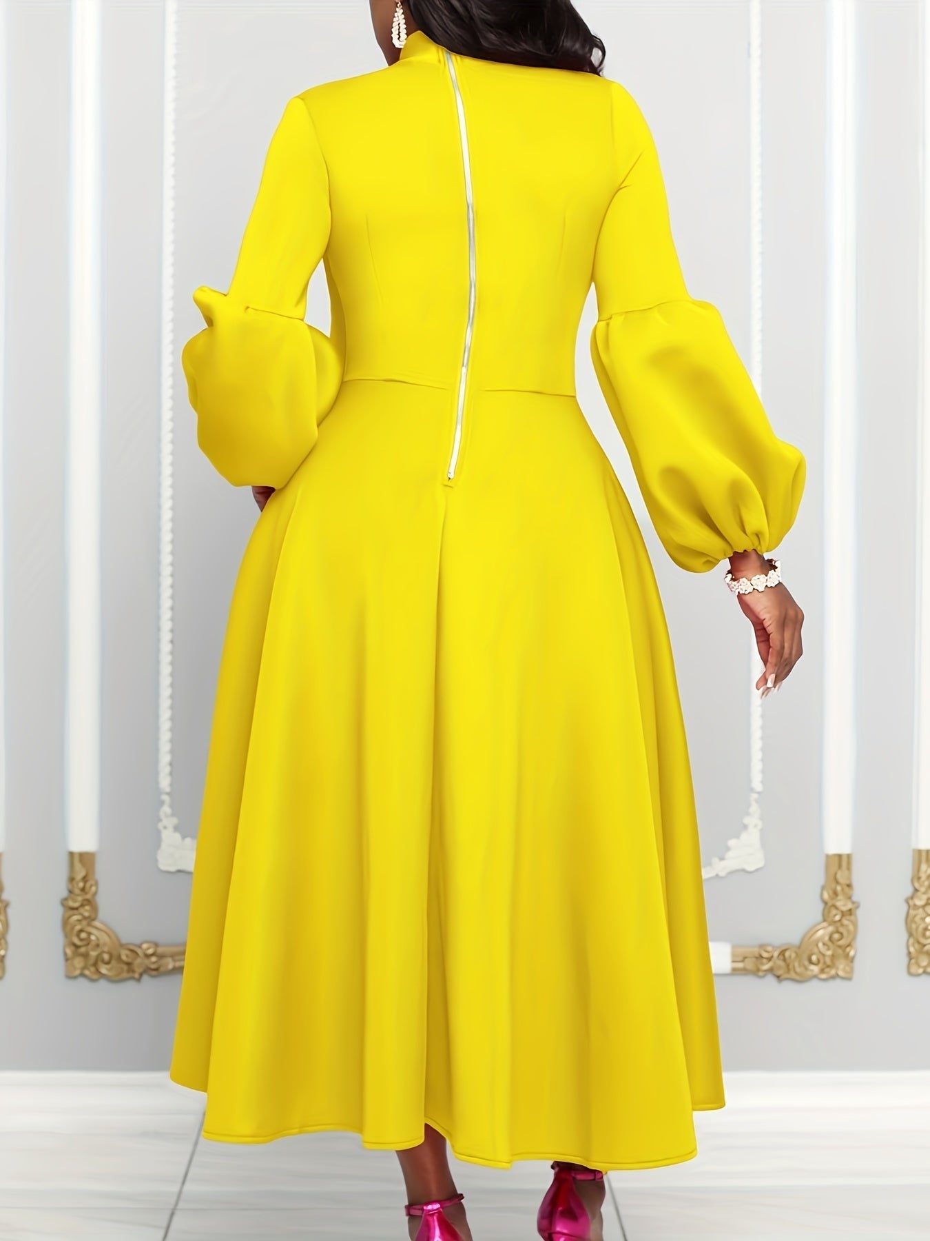Solid Color Tie Neck Aline Dress, Elegant Ruffle Trim Lantern Sleeve Dress For Spring & Fall, Women's Clothing
