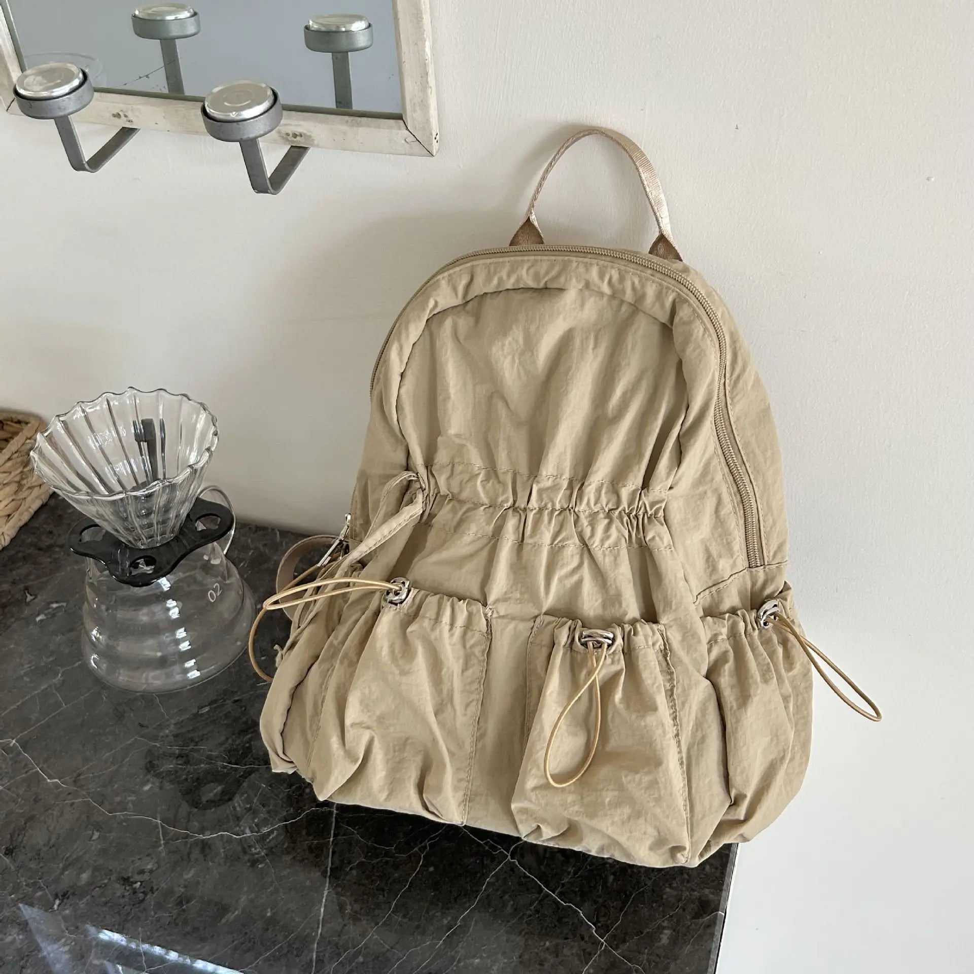 INGVN  Korean Simple Nylon Summer Beach Pleated Women Backpack Students School Girl Backpack Travel Commuter Backpacks for Women