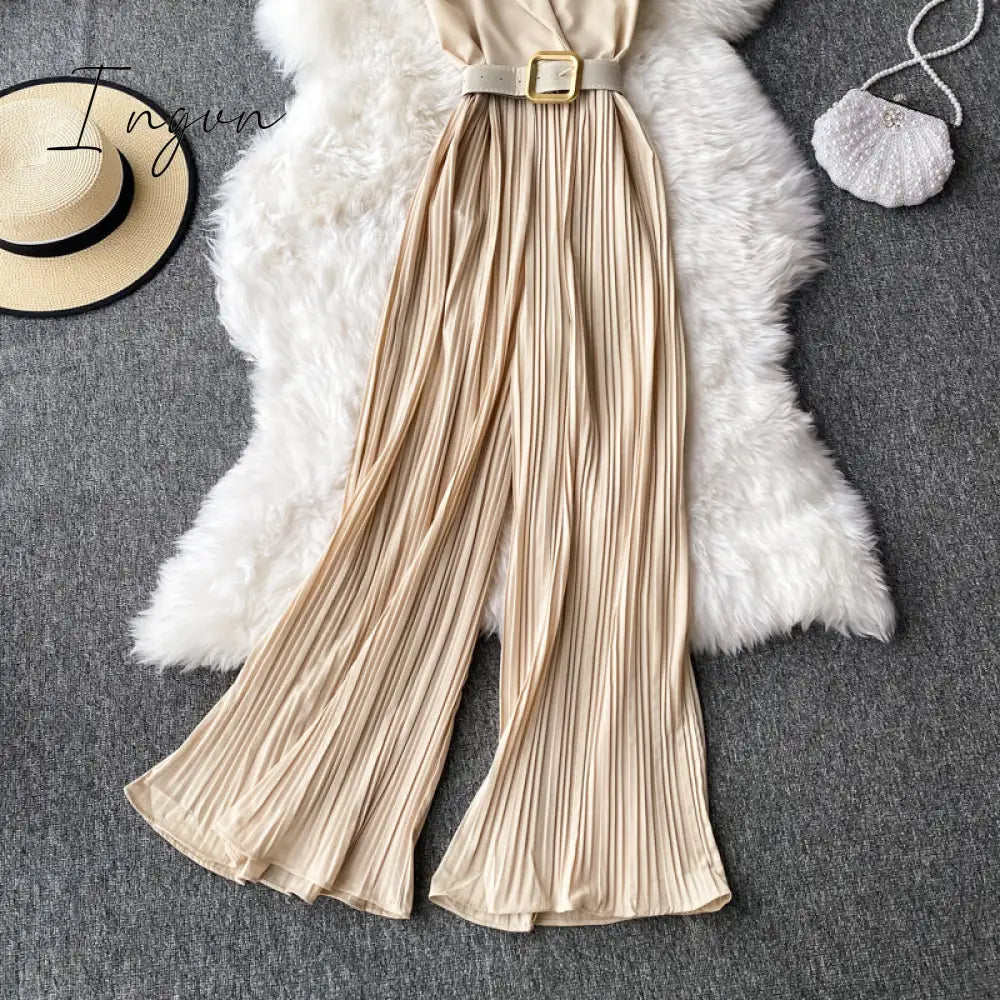 Ingvn - Vintage Notched Collar Draped Rompers For Women Casual Sleeveless High Waist Wide Leg Playsuits Female Beige/Green Jumpsuit