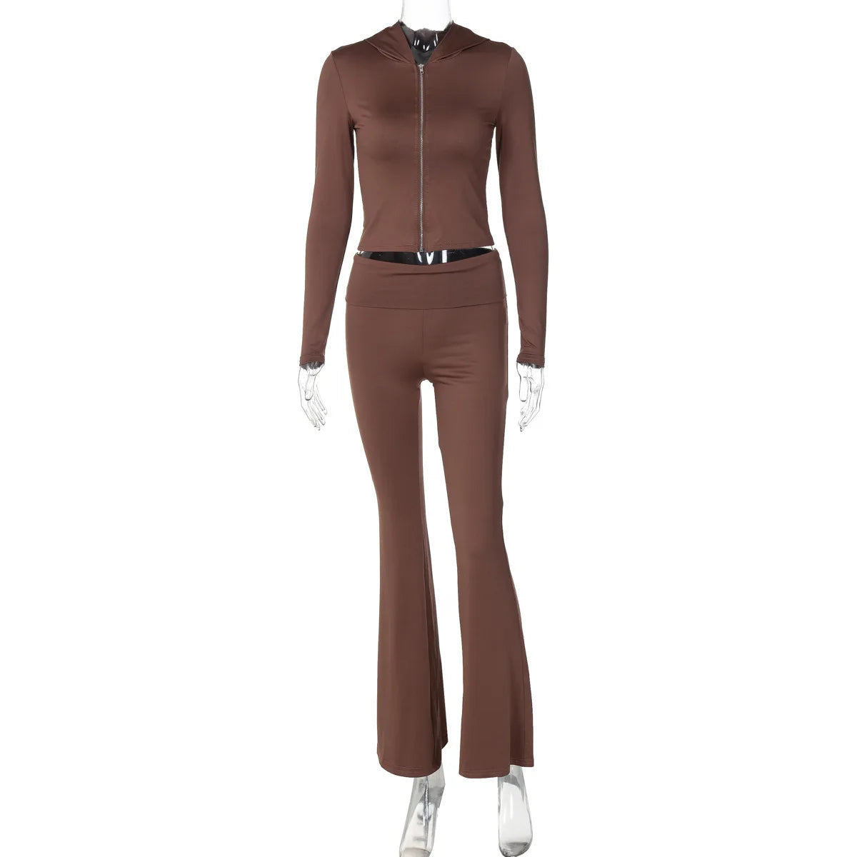 Hooded Top And Trousers Two Piece Sets Women Fashion Zipper Long Sleeve Tops And Flare Pant Female Casual Suit New